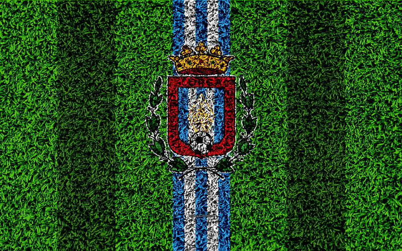 Lorca FC, logo football lawn, Spanish football club, LaLiga2, white blue lines, grass texture, Segunda, Division B, Lorca, Spain, football, HD wallpaper