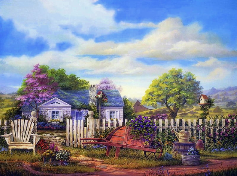 Heaven's Gate, gate, draw and paint, wagon, houses, flowers, love four seasons, nature, spring, HD wallpaper