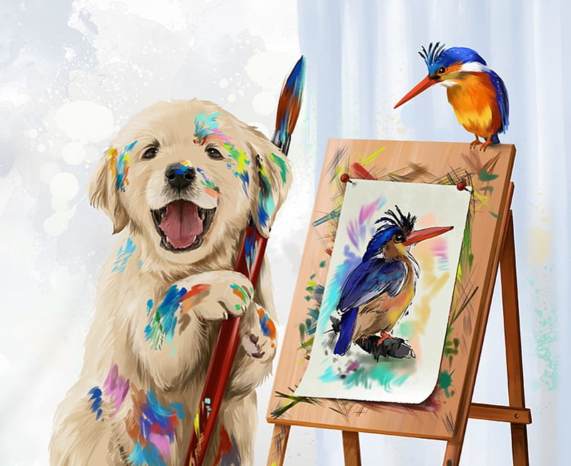 Vinton Van Gogh, art, lorri kajenna, caine, animal, cute, kingfisher, bird, funny, dog, puppy, HD wallpaper