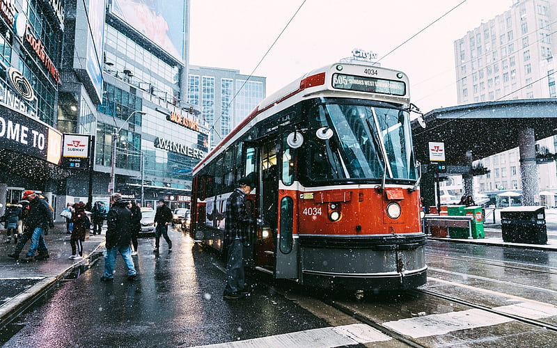 Toronto, tram, urban transport, snow, street, Canada, HD wallpaper