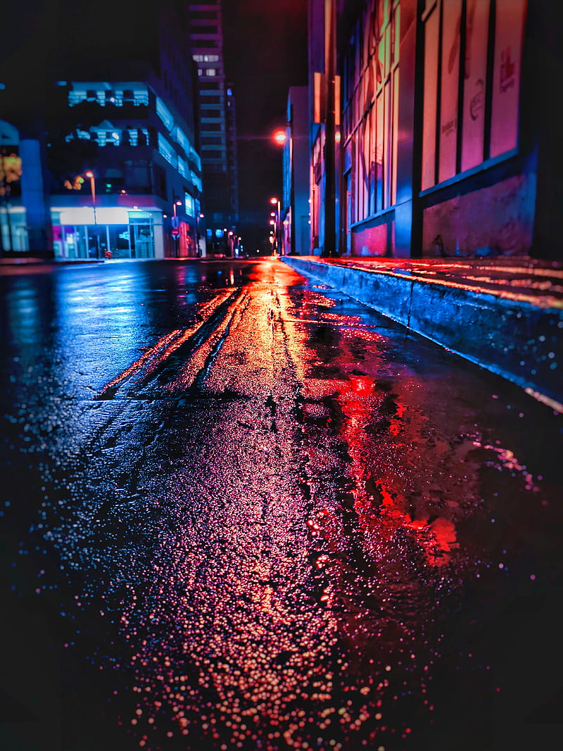 street, night, wet, neon, city, HD phone wallpaper