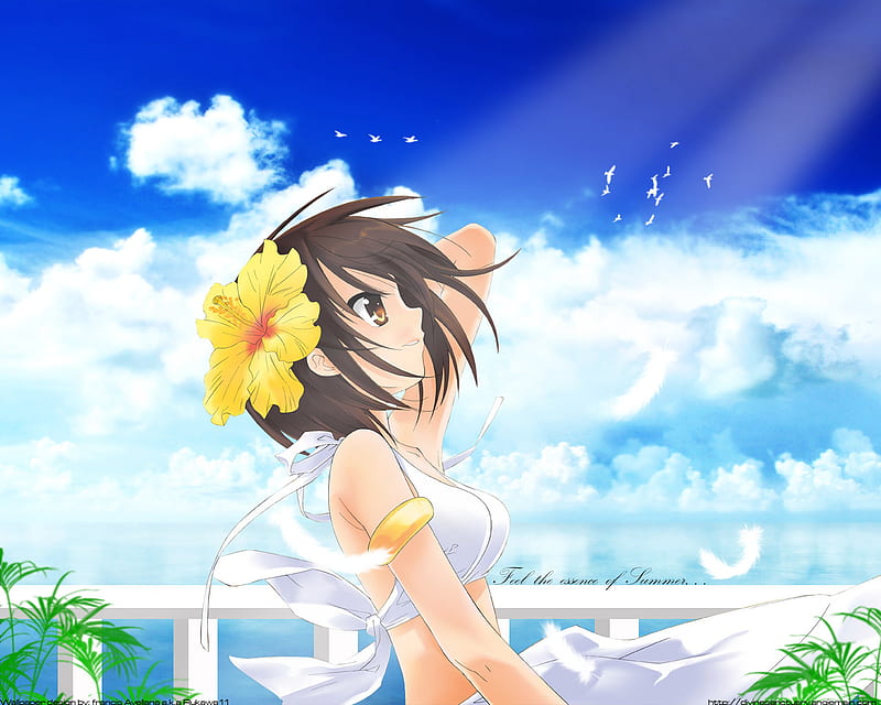 Feel The Essence Of Summer, yellow, bonito, sky, clouds, sexy, beach, nice, water, girl, anime, summer, flower, hot, HD wallpaper