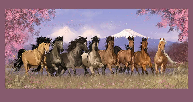 Horses running, pretty, eight, horses, mountains, HD wallpaper | Peakpx