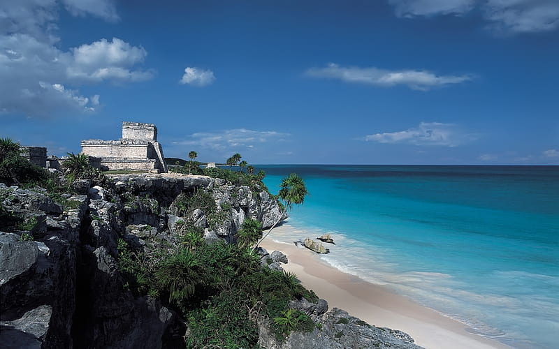 Mayan Riviera Tulum, rock, ruins, bonito, sky, clouds, sea, beach, formations, calm, mayan, blue, HD wallpaper
