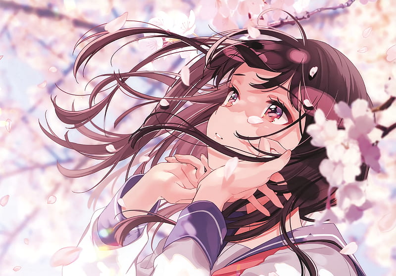 beautiful anime girl, school uniform, sakura blossom, profile view, brown hair, Anime, HD wallpaper