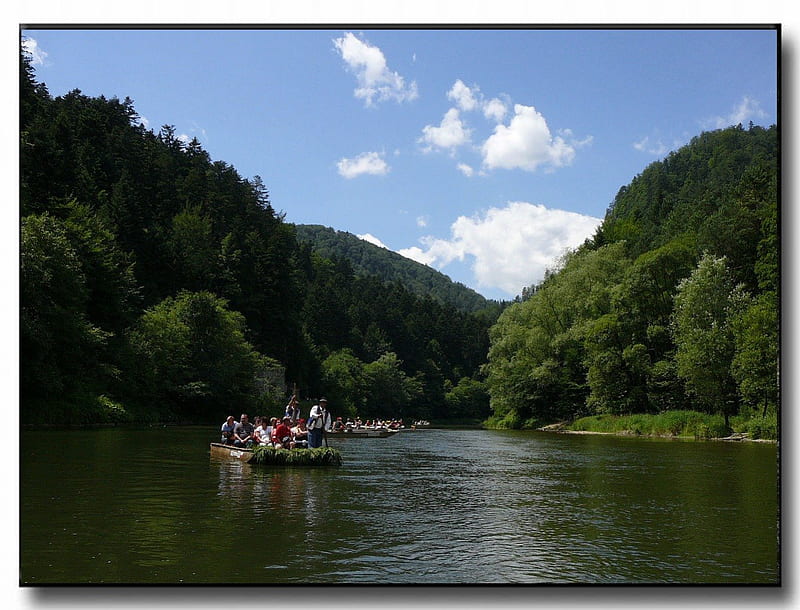 Dunajec, Poland, dunajec, floating, trees, sky, clouds, boat, water, green, poland, forests, mountaineers, rivers, HD wallpaper