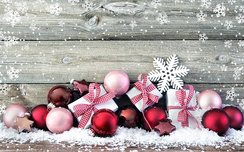 Red christmas balls, red balls on snow, Christmas, New Year, winter, Christmas background, HD wallpaper