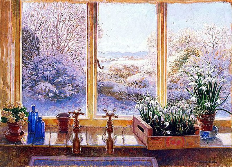 Winter Outside, window, snow, plants, painting, garden, artwork, HD wallpaper