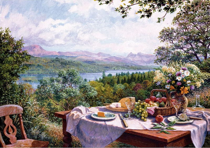 Wonderful Place, apple, table, view, foodstuff, grapes, pears, cheese, basket, painting, flowers, nature, HD wallpaper