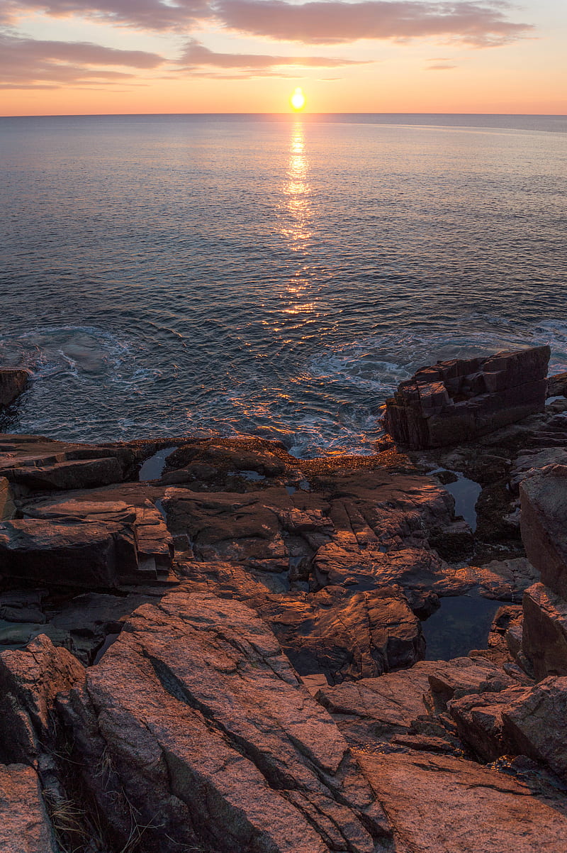 cliffs, coast, sea, sunset, glare, HD phone wallpaper