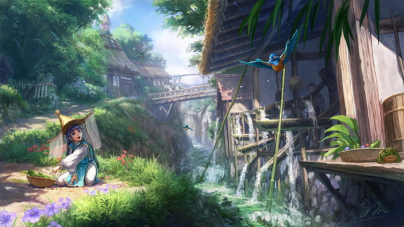 anime village, bridge, water, houses, people, scenic, calm, Anime, HD wallpaper