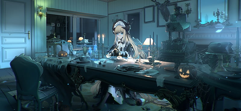 Anime girl, gothic, dining table, room, twintails, gray hair, Anime, HD  wallpaper | Peakpx