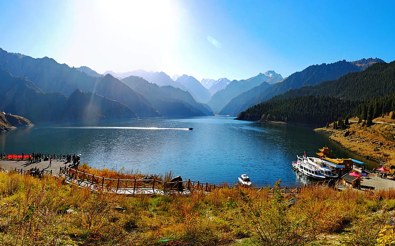 Autumn outdoor tourism mountain lake sunshine, HD wallpaper