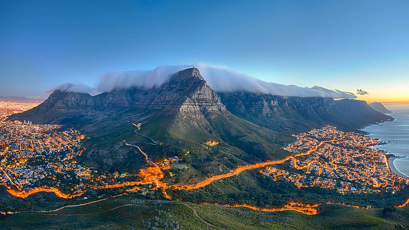 lightning ways and cities near green covered moutains cape town city south africa travel, HD wallpaper