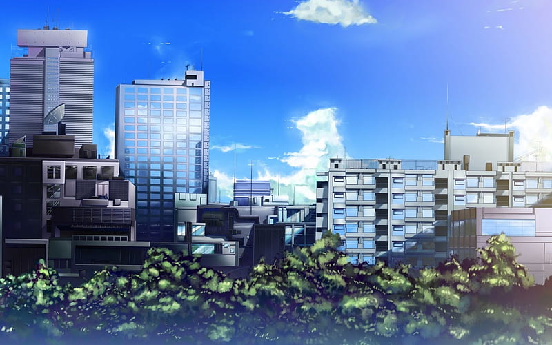 City Scape, aky, trees, sky, clouds, Buildings, cool, anime, landscape, HD  wallpaper | Peakpx