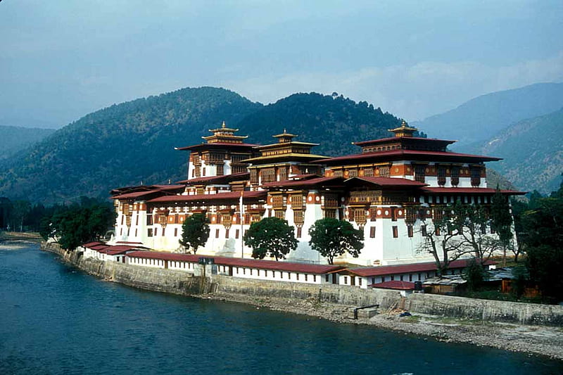 Buddhist Monastery, Bhutan, building, mountain, buddhism, water, cultural, monks, religious, HD wallpaper