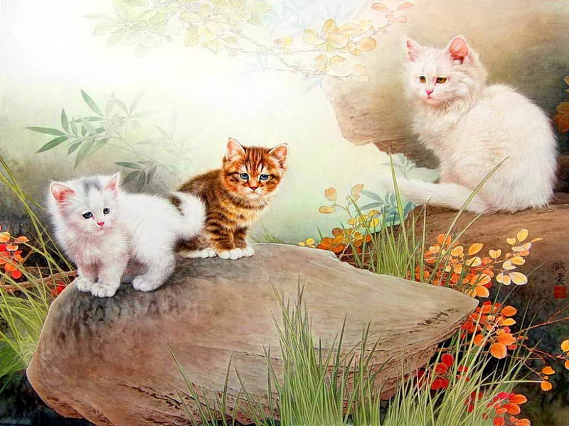 Kittens with their mom, pretty, family, fluffy, bonito, adorable, mother, sweet, love, painting, kitties, art, lovely, mom, kittens, cute, pleasant, garden, walk, cats, HD wallpaper