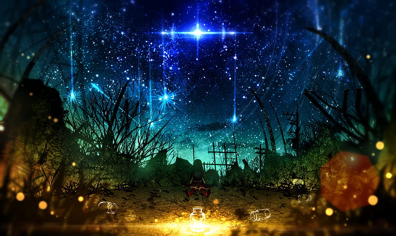 anime landscape, starry night, anime girl, empty bottles, shiny stars, Anime, HD wallpaper