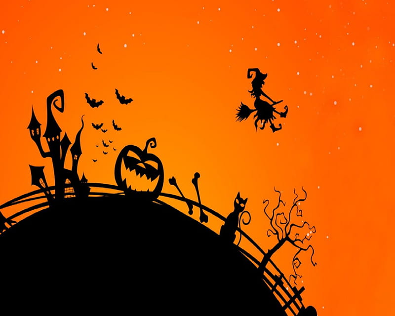Sights Of Halloween, Pumpkin, Castle, halloween, Ghost, Witch, Black Cat, Bones, HD wallpaper