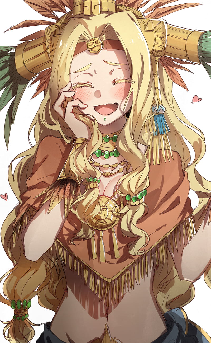 Fate Series, FGO, Fate/Grand Order, anime girls, 2D, fan art, digital art, vertical, simple background, blond hair, long hair, blushing, Aztec, Quetzalcoatl (FGO), cleavage, anime, open mouth, fantasy girl, frontal view, HD phone wallpaper