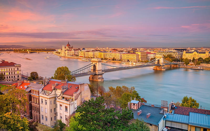 Budapest, Danube River, Chain Bridge, evening, sunset, Budapest attractions, Hungary, HD wallpaper