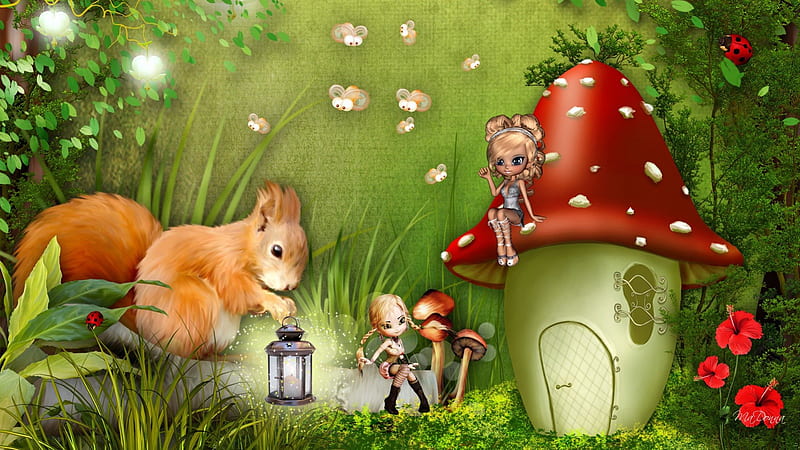 Squirrel Brings the Light, pixies, lightning bugs, squirrel, grass, story book, lantern, mushroom, toadstool, fantasy, green, fairies, fields, light, forest, fairy tale, trees, bees, fireflies, whimsical, lady bug, HD wallpaper