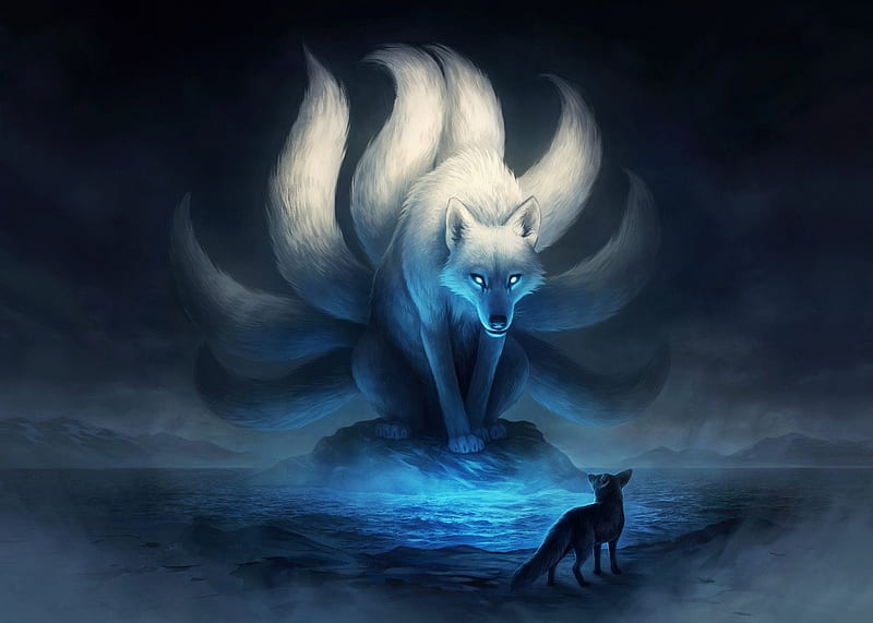 Nine-tails, vulpe, fantasy, luminos, fox, nine tails, white, jonas jodicke, blue, HD wallpaper