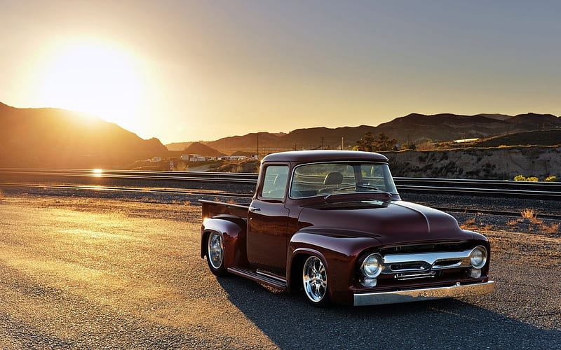 Ford F-100, purple pickup, 1956 cars, retro cars, customized F-100, tuning, 1956 Ford F-100, pickup truck, Ford F-Series, low rider, Ford F100, american cars, Ford, HD wallpaper