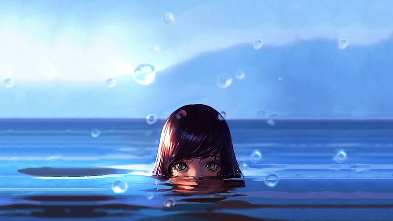 Women Water Drops Green Eyes Wet, anime, artist, artwork, digital-art, HD wallpaper
