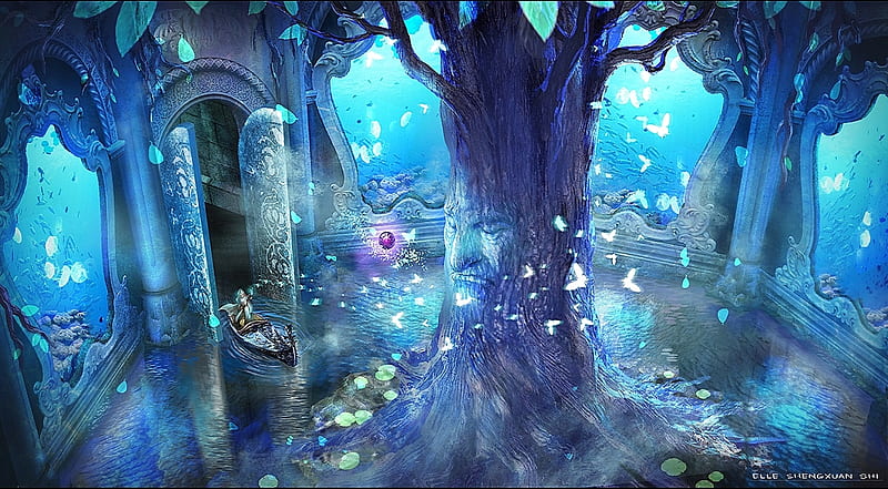 Blue Fantasia, art, tree, fantasy, water, orginal, lake, blue, HD wallpaper