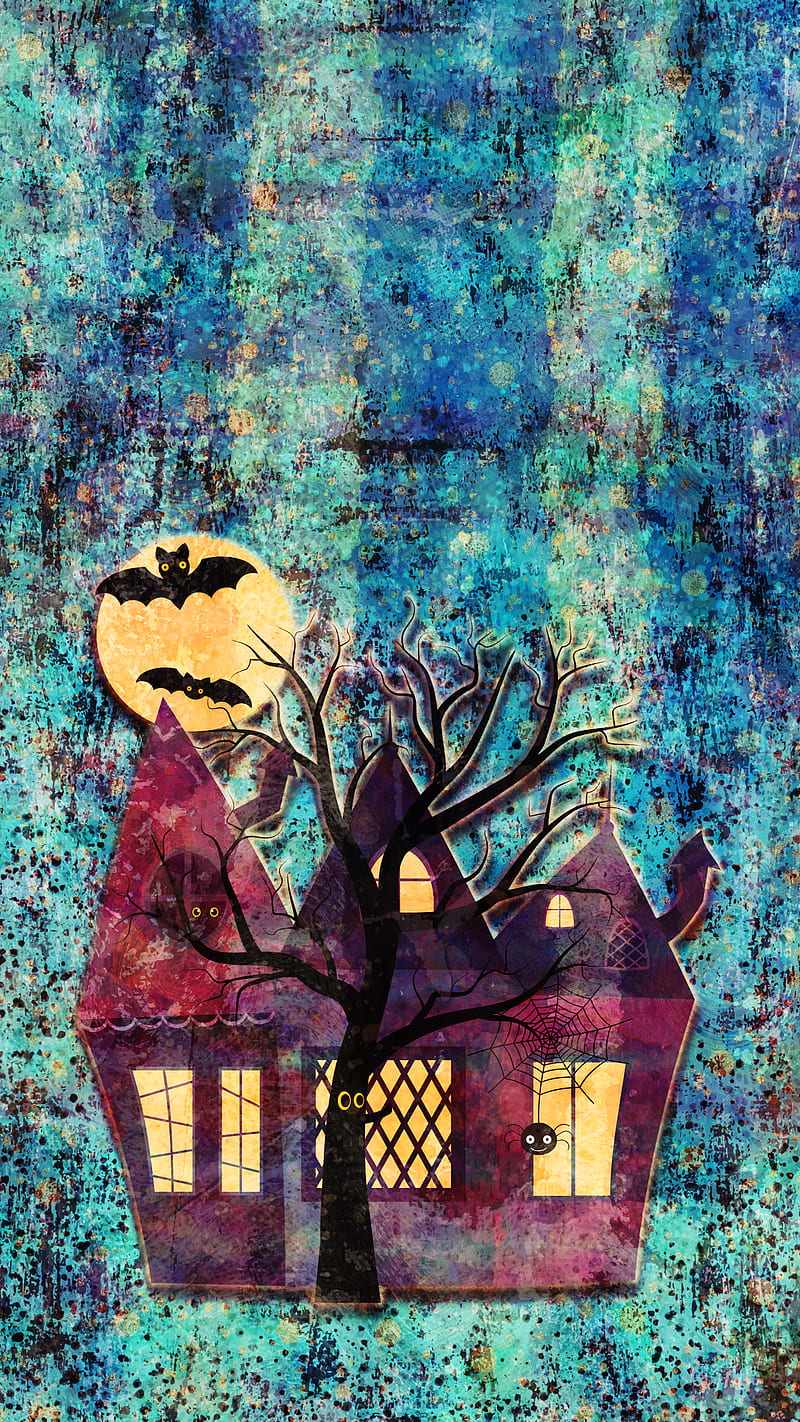 Halloween House Moon, Adoxali, October, autumn, background, bat, black, castle, cat, color, creepy, day of the dead, evil, fence, flying, fright, glowing, haunted, horror, illustration, light, lit, mansion, night, party, pumpkin, scary, scene, spooky, treat, tree, trick, watercolor, HD phone wallpaper