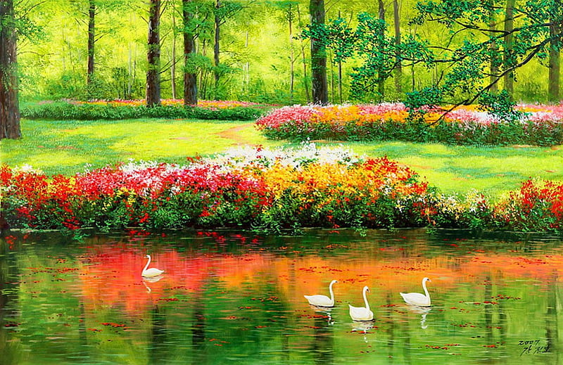 Swan lake in forest, pretty, shore, grass, bonito, painting, flowers, reflection, art, forest, quiet, calmness, park, trees, swans, lake, pond, tranquil, serenity, summer, nature, HD wallpaper