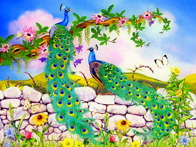 ✬Couple Green Peacocks✬, paintings animals, attractions in dreams, bonito, creativer pre-made, paintings, green, bright, flowers, butterfly designs, couple, animals, lovely, colors, love four seasons, birds, butterflies, peacocks, gardens, summer, HD wallpaper