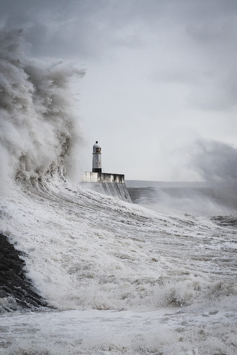 lighthouse, waves, storm, sea, spray, HD phone wallpaper