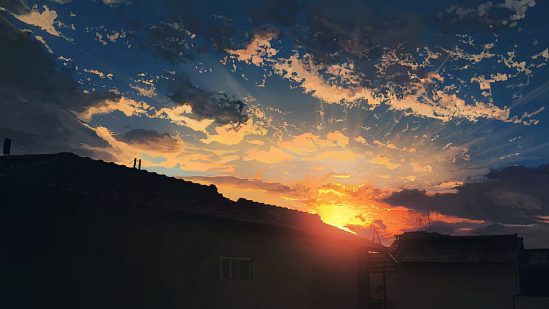 anime landscape, sunset, house, clouds, sky, scenic, Anime, HD wallpaper