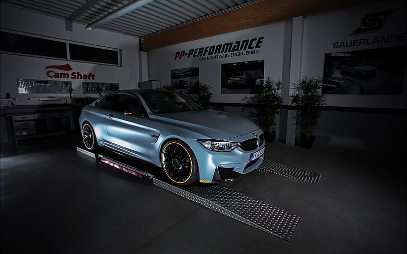 BMW M4, Coupe, F82, tuning BMW, gray M4, black wheels, garage, HD wallpaper