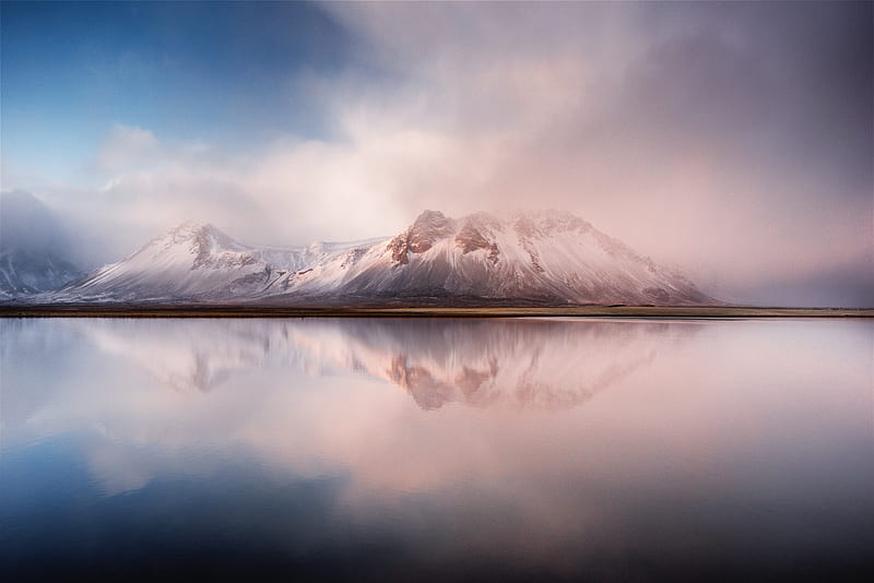 Calm Lake Mountains , lake, mountains, nature, snow, winter, HD wallpaper