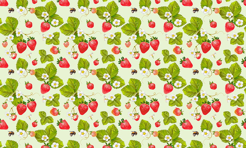 Strawberries and bees, pattern, fruit, red, bee, green, strawberry, texture, paper, HD wallpaper