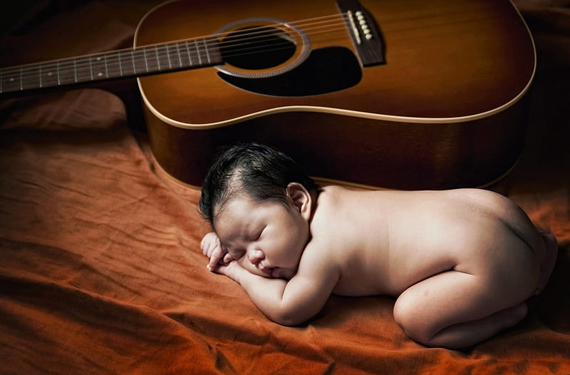 *** Sleeping baby and guitar ***, kid, guitar, people, children, child, kids, childchood, HD wallpaper