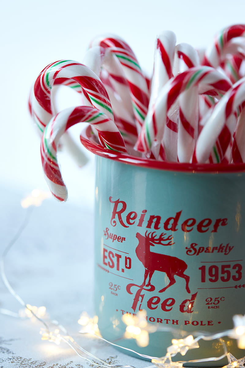 candy canes, candy, mug, new year, christmas, HD phone wallpaper