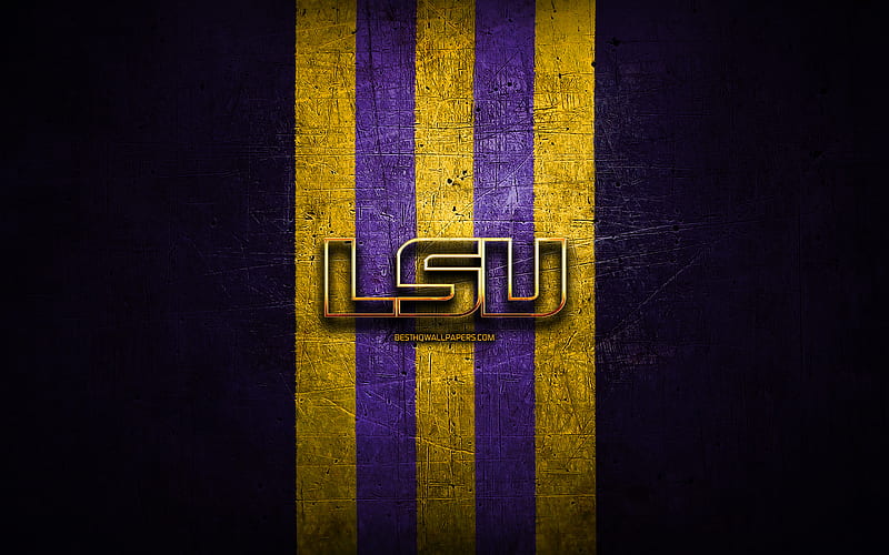 LSU Tigers, golden emblem, NCAA, violet metal background, american football club, LSU Tigers emblem, american football, USA, HD wallpaper