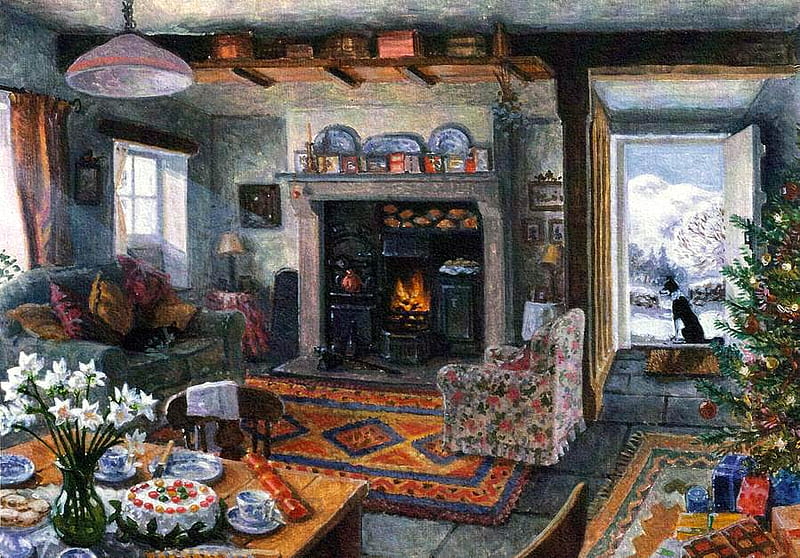 Stephen J. Darbishire - Tea Time at Hilltop, painting, art, livingroom, stephen j darbishire, HD wallpaper