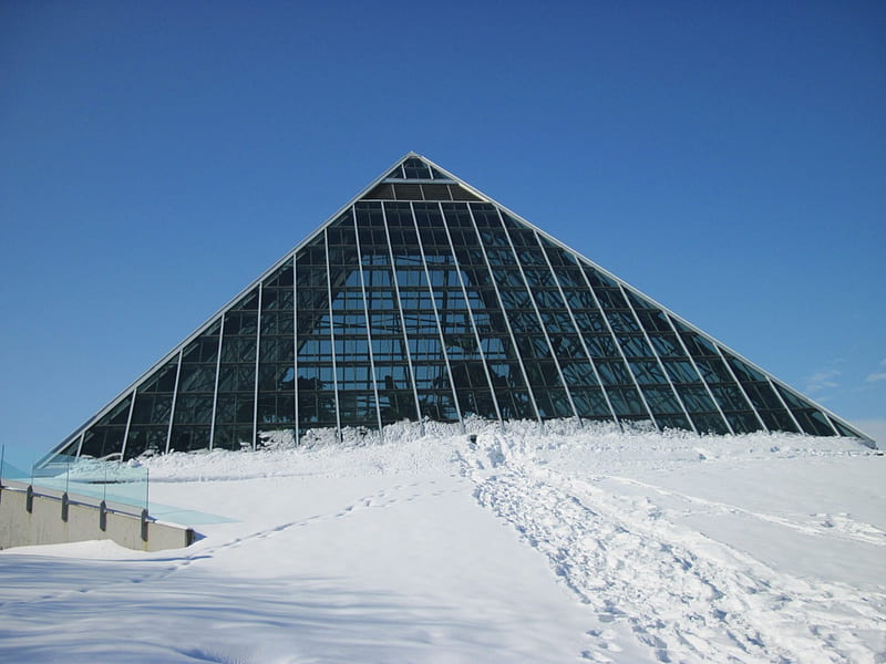 Muttart Conservatory of Edmonton 01, glass, graphy, Sky, snow, pyramid, white, blue, Winter, HD wallpaper