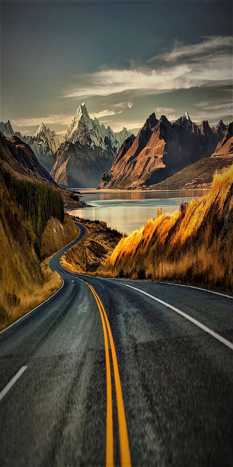 road, mountain, lake, HD phone wallpaper