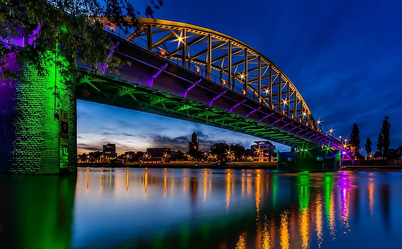 Illuminated bridge, Light, Bridge, River, City, Night, HD wallpaper