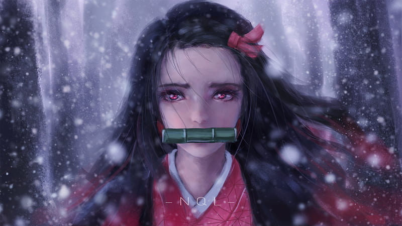 Demon Slayer Red Eyes Nezuko Kamado Wearing Red Dress With Shallow Background Of Snow Falling Anime, HD wallpaper