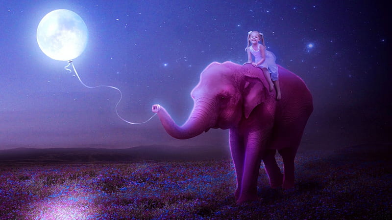 Little Girl on a Pink Elephant, balloon, 3D and CG, girl, pink elephant, asbtract, HD wallpaper
