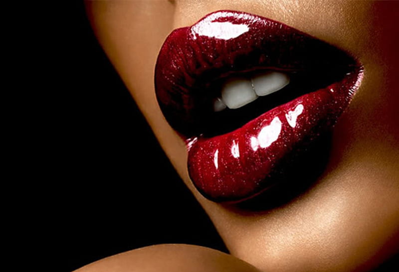 Red Lips, lovely, sensual kiss, seductive make up, woman, HD wallpaper
