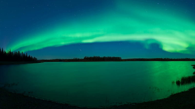 Dawn boreal, boreal, dawn, green, lake, Nature, HD wallpaper