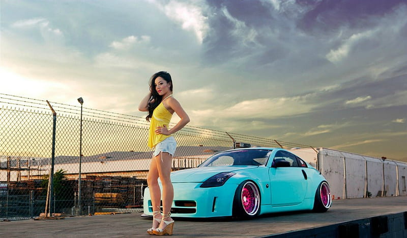 Nissan Babe, Brunette, Moldel, Liteblue, Heels, HD wallpaper